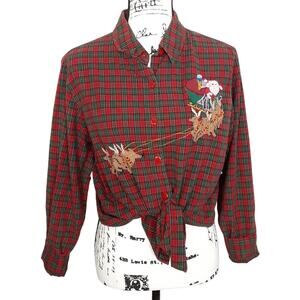 Vintage 90s Santa Claus Embroidered Button Up Shirt Red Plaid Christmas Womens L